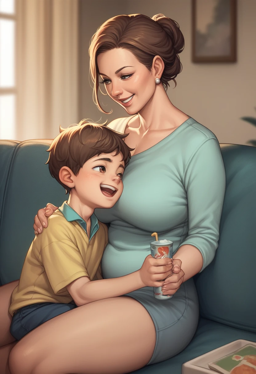 score_9, score_8_up, score_7_up, source_anime, 1boy, 1girl, mature female is smiling, mother and son, , looking at each other, caring, on a sofa,