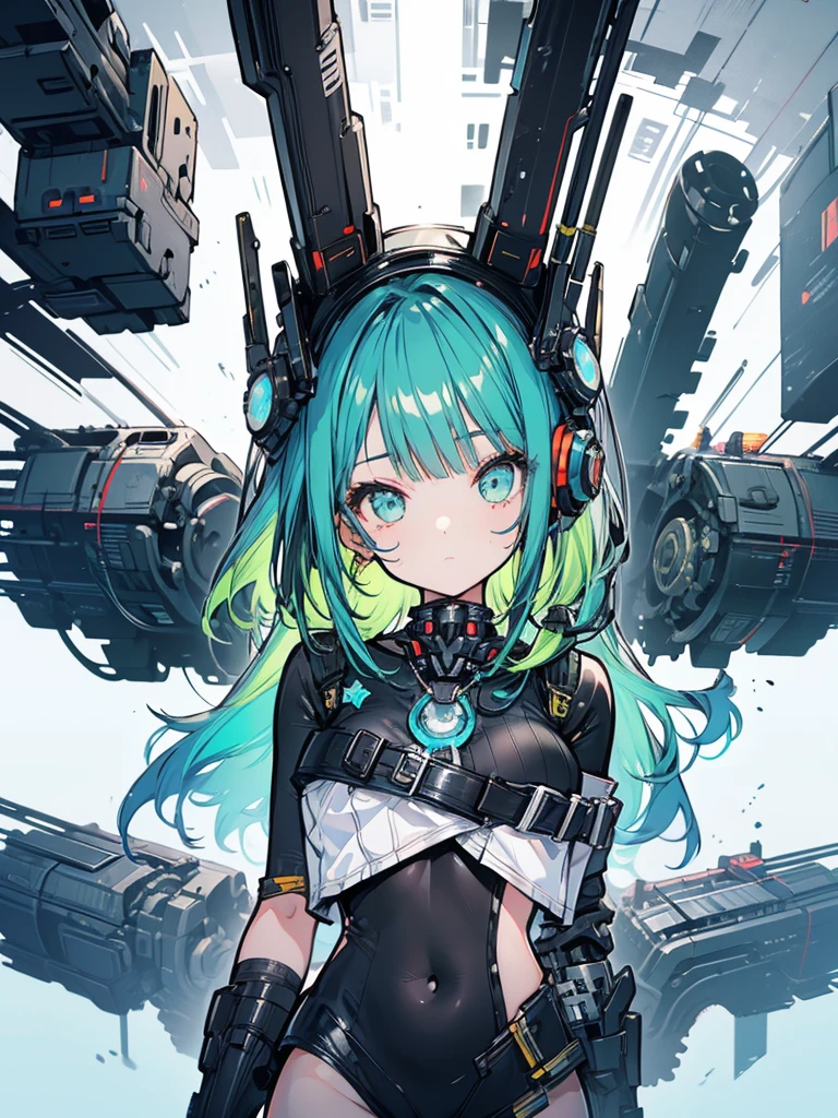 Girl, Mecha, Rigid, Cute, Jetpack on the back, Rocket, Explosion, Navel baring, Green hair tips, Black hair, Right arm prosthetic