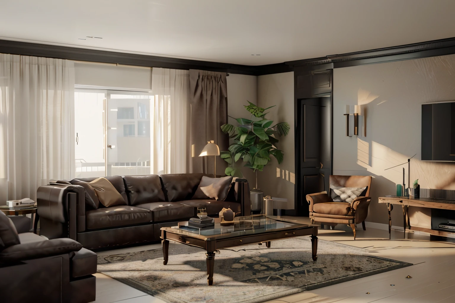 there is a living room with a couch, chair, coffee table and television, rendered in unreal engine 6, rendered in 8 k unreal engine, rendered in unreal engine 5, photorealistic cinematic render, unreal engine realistic render, rendered in lumion pro, vray 8k render, high quality 3d render, high quality 3 d render, rendered in unreal 5