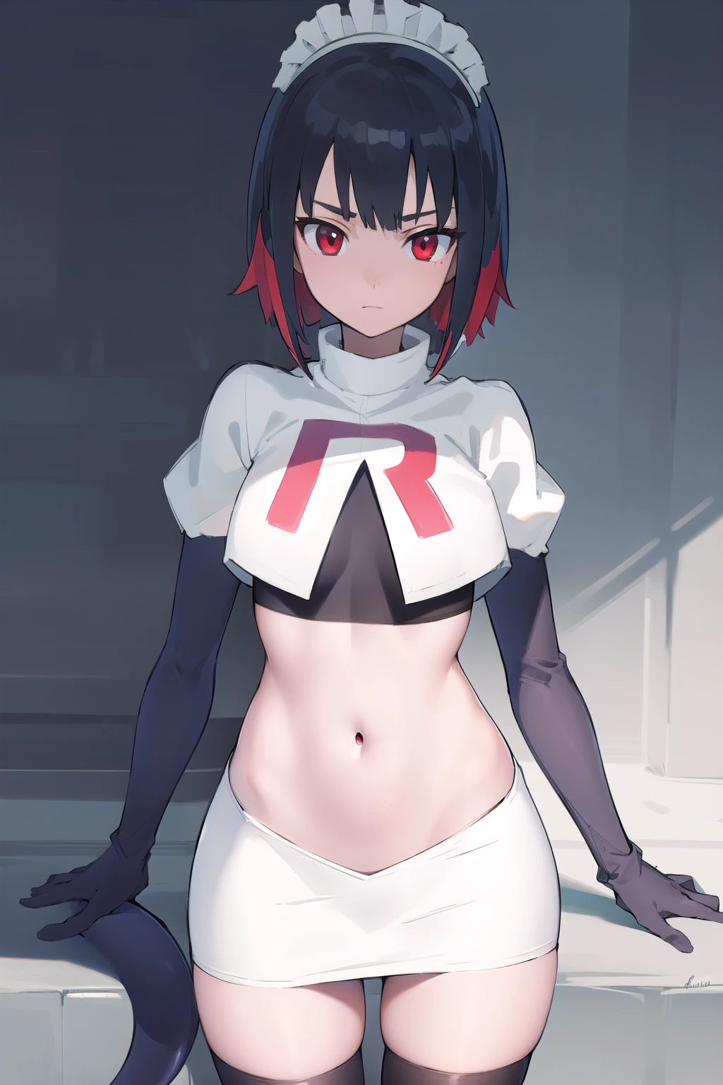 ellenjoe, ellen joe, black hair, colored inner hair, multicolored hair, (red eyes:1.3), red hair, short hair, two-tone hair,
BREAK ear piercing, fins, fish tail, maid headdress, piercing, shark girl, shark tail, tail, two-tone hair, team rocket,team rocket uniform,white skirt,red letter R,crop top,black thigh-highs,black elbow gloves,
BREAK looking at viewer, (cowboy shot:1.5),
BREAK (masterpiece:1.2), best quality, high resolution, unity 8k wallpaper, (illustration:0.8), (beautiful detailed eyes:1.6), extremely detailed face, perfect lighting, extremely detailed CG, (perfect hands, perfect anatomy),