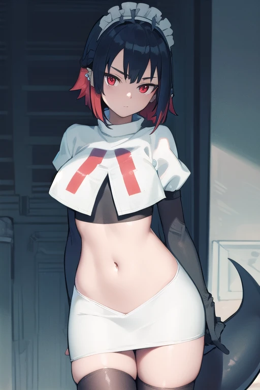 ellenjoe, ellen joe, black hair, colored inner hair, multicolored hair, (red eyes:1.3), red hair, short hair, two-tone hair,
BREAK ear piercing, fins, fish tail, maid headdress, piercing, shark girl, shark tail, tail, two-tone hair, team rocket,team rocket uniform,white skirt,red letter R,crop top,black thigh-highs,black elbow gloves,
BREAK looking at viewer, (cowboy shot:1.5),
BREAK (masterpiece:1.2), best quality, high resolution, unity 8k wallpaper, (illustration:0.8), (beautiful detailed eyes:1.6), extremely detailed face, perfect lighting, extremely detailed CG, (perfect hands, perfect anatomy),