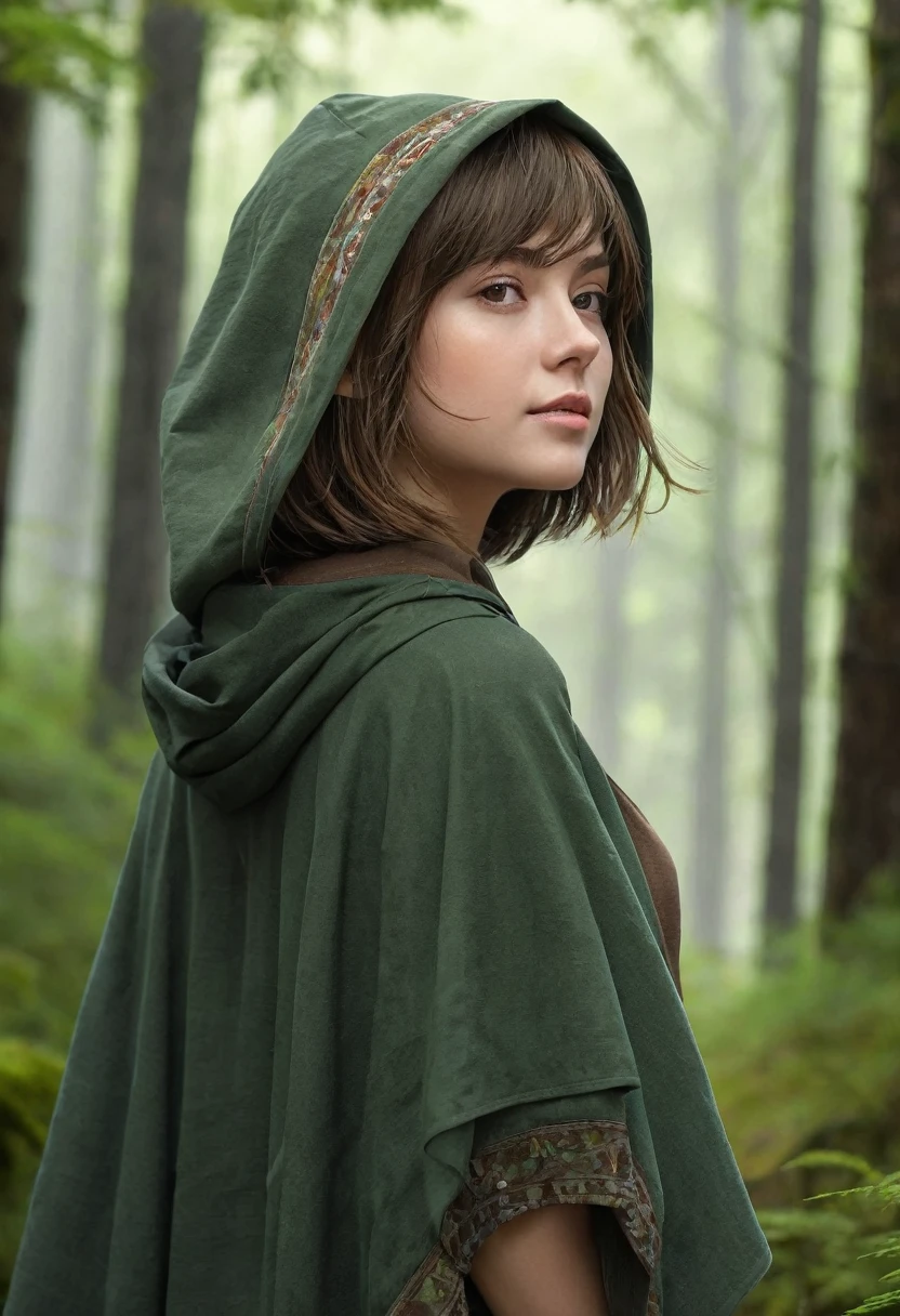 Anime, masterpiece, Fine detail, Solo, Beautiful Girl, caucasian female, rotated by 3\4, Looking back, View frosideway, Sideways body, short brown hair, foge forest background, poncho, girl-druid, shoulders closed, hood is not on