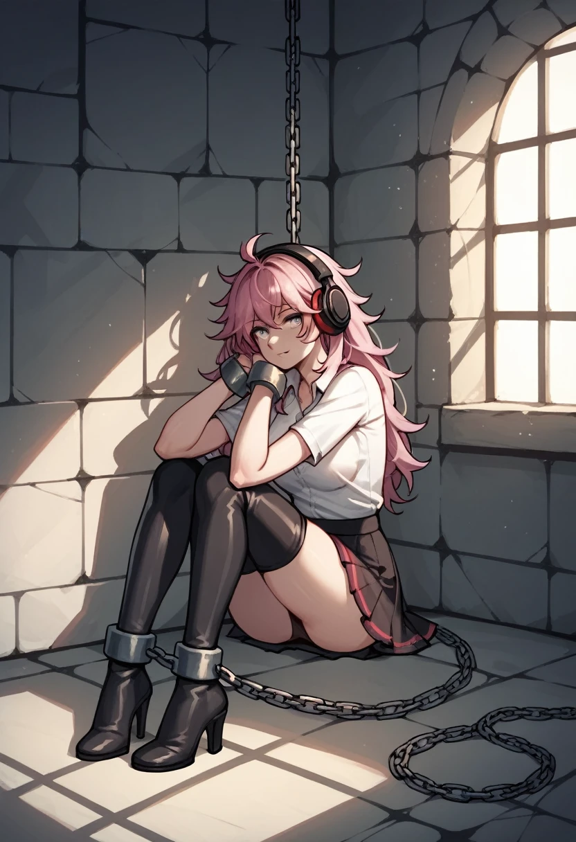 score_9, score_8_up, score_7_up, score_6_up, score_5_up, score_4_up, source_anime, 1woman, sit, pink hair, long hair, white eyes, w-w-chain, iron shackles, arms, messy hair, white shirt, skirts, thigh high boots, heels, dungeon, headphones, best quality, best res, 4K, UHD,
 