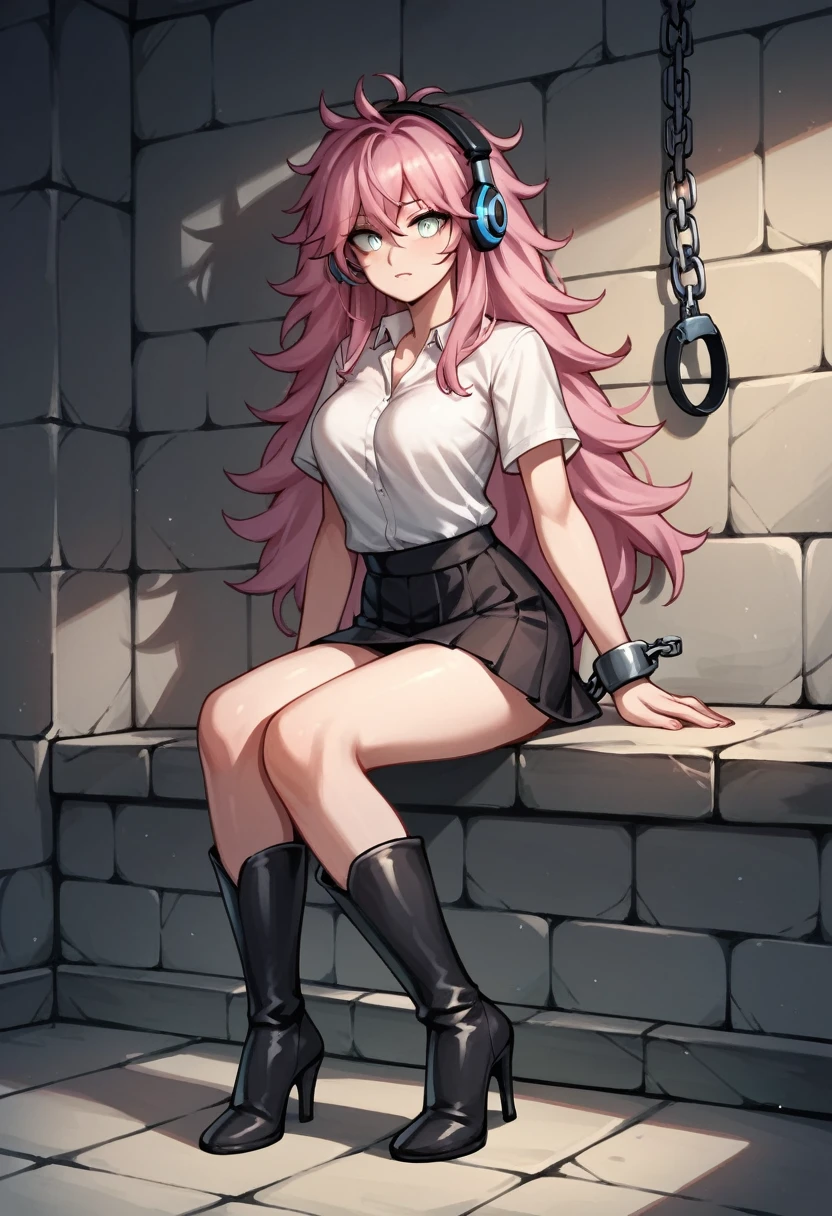 score_9, score_8_up, score_7_up, score_6_up, score_5_up, score_4_up, source_anime, 1woman, sit, pink hair, long hair, white eyes, w-w-chain, iron shackles, arms, messy hair, white shirt, skirts, thigh high boots, heels, dungeon, headphones, best quality, best res, 4K, UHD,
 