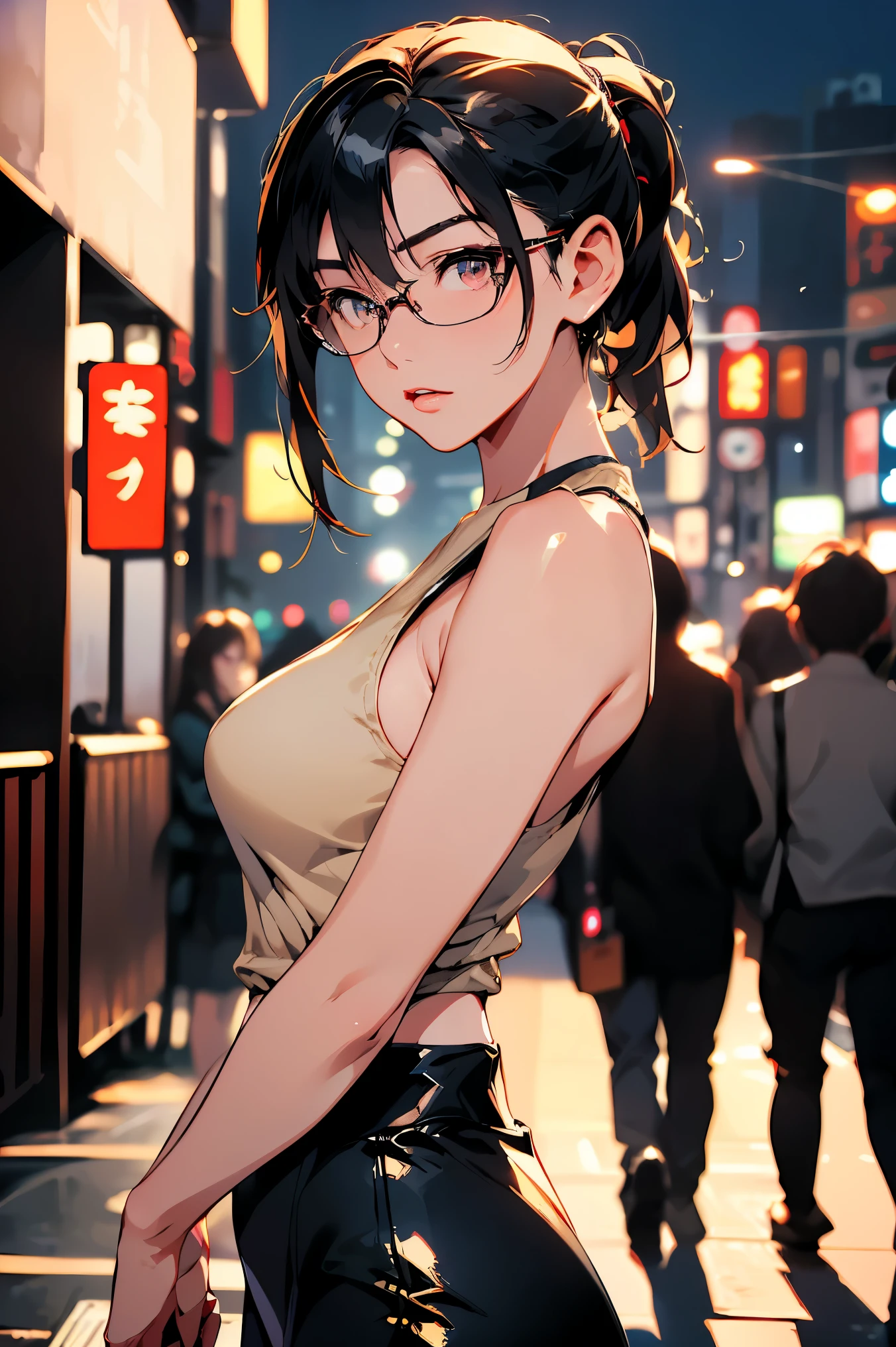 (1glasses girl:1.3, solo), (Audrey Hepburn:1.3), (a extremely pretty and beautiful Japanese woman), (sexy girl), (professional attire:1.3), (22 years old: 1.1), (walking on red carpet:1.3), (attractive random posing:1.3), (in the Tokyo sation:1.3), (looking straight at you:1.3), (starring at you:1.3), (front view:1.3), break, (ponytail:1.3), (shiny-black thin hair:1.2), bangs, dark brown eyes, beautiful eyes, princess eyes, (big eyes:1.3), bangs, wearing a glasses:1.3, Hair between eyes, short hair:1.3, (slender:1.1), (small-medium-breasts:0.95), (thin waist: 1.15), (detailed beautiful girl: 1.4), Parted lips, Red lips, full-make-up face, (shiny skin), ((Perfect Female Body)), (upper body image:1.3), Perfect ???????, Perfect Proportions, (most beautiful Korean actress face:1.3, extremely cute and beautiful Japanese actress face:1.3), BREAK, (View viewer, wearing a lovely ????? coordinate, (insanely detailed white cotton tanktop:1.3), (beige leather skin pants:1.3), (pin-heels:1.3), detailed clothes, BREAK, (detailed Tokyo sation background:1.2), (splash playing blue butterflies background:1.2), (Studio soft lighting: 1.3), (fake lights: 1.3), (backlight: 1.3), BREAK, (Realistic, Photorealistic: 1.37), (Masterpiece, Best Quality: 1.2), (Ultra High Resolution: 1.2), (RAW Photo: 1.2), (Sharp Focus: 1.3), (Face Focus: 1.2), (Ultra Detailed CG Unified 8k Wallpaper: 1.2), (Beautiful Skin: 1.2), (pale Skin: 1.3), (Hyper Sharp Focus: 1.5), (Ultra Sharp Focus: 1.5), (Beautiful pretty face: 1.3), (super detailed background, detail background: 1.3), Ultra Realistic Photo, Hyper Sharp Image, Hyper Detail Image,
