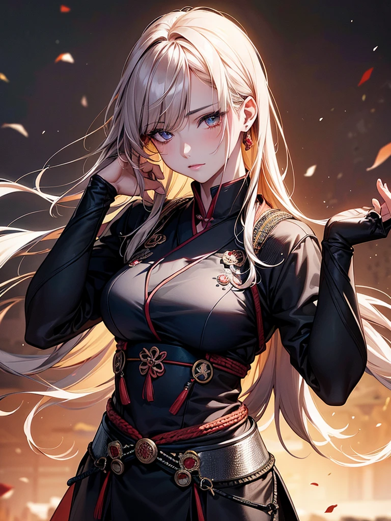 Highest quality, Ultra-high resolution, (Realistic: 1.4), beautiful Eyes, Super beautiful, beautiful, Warrior, Japanese style black color, beautiful Soldier, Eyes that beckon, Mistress's point of view, Attractive look, Sexy smile, Perfect Style, Perfect balance, Detailed skin, Mischievous Gaze, (Black Hair、ponytail), Droopy eyes