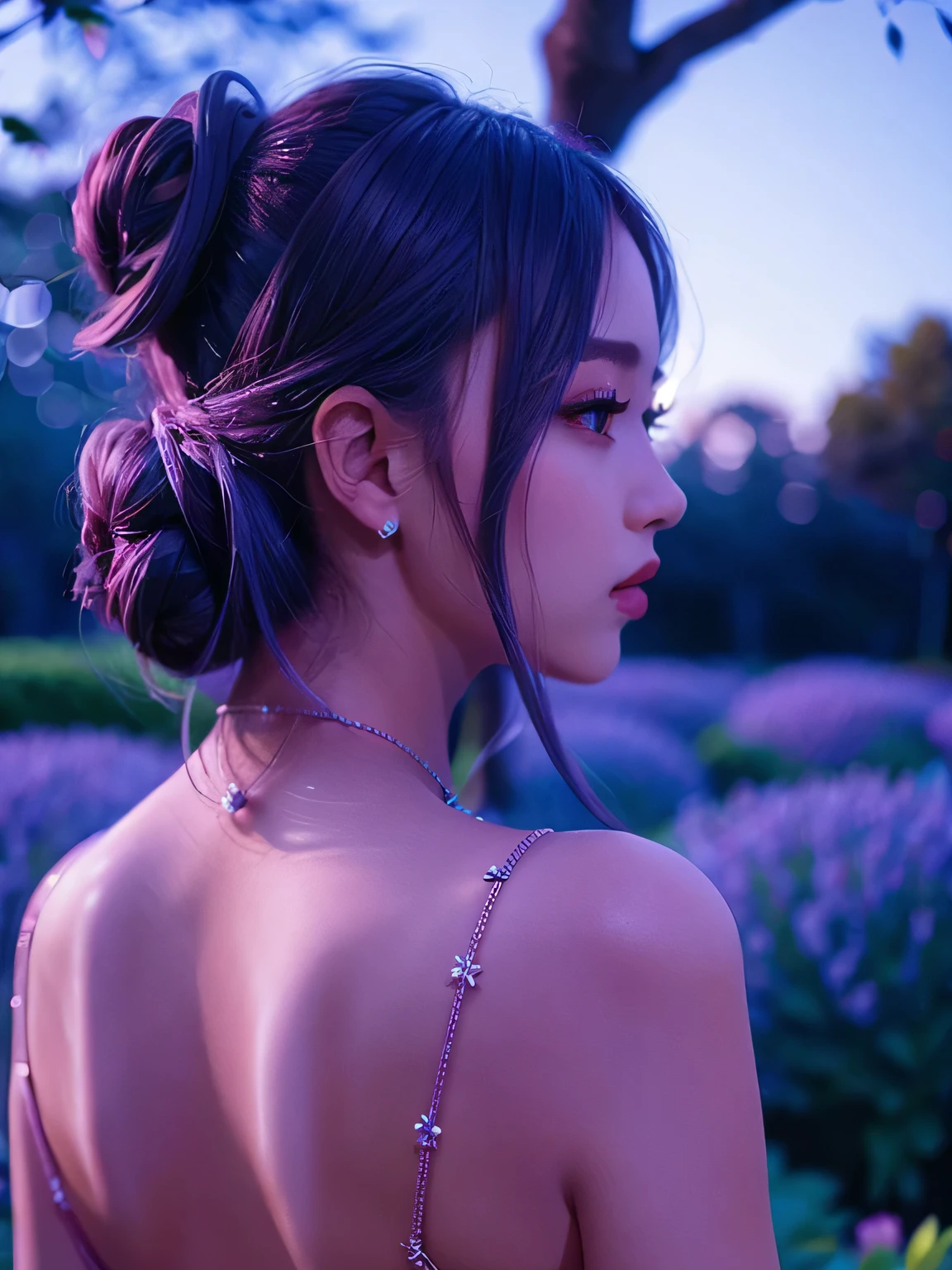 (masterpiece, best quality:1.2), diamond_bra,1girl,ourdoor,,Lavender hair,half updo/updo,in a botanical garden,blur background,background defocus,from behind