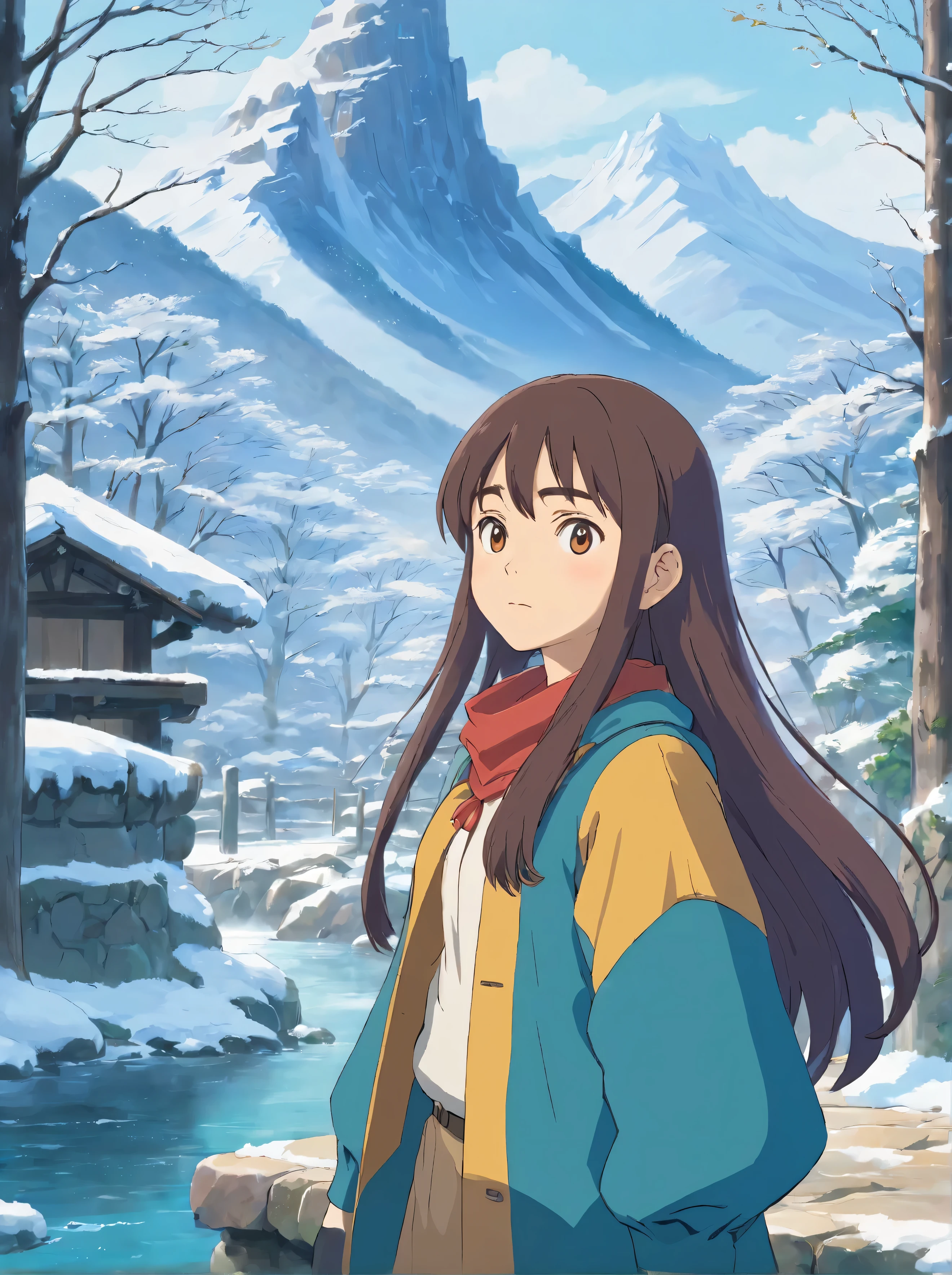 portrait, (masterpiece), (best quality:1.4), absurdness, [:intricate details1.5], 1girl, perfect face, tree, snow, solo, outdoors, water, mountain, waterfall, winter outfit, long hair, scenery, winter, lake, (looking at viewer:1.4), day, sky, reflection, k, ULTRAHD,