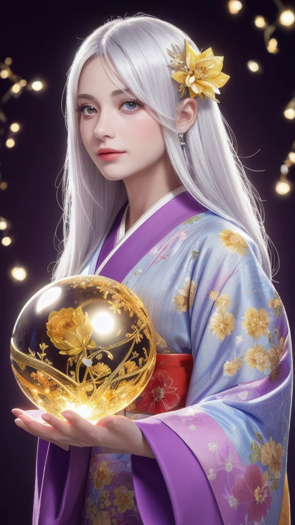 (Masterpiece: 1.3), (8k, photorealistic, raw photo, highest quality: 1.4), (single woman), beautiful face, (realistic face), (long hair), (silver hair, almost white hair, shiny hair, beautiful straight hair), (even bangs), (sharp bangs), straight hairstyle, realistic eyes, beautiful detailed eyes (purple eyes), (sharp eyes), (realistic skin), beautiful skin, (kimono), (magician's kimono), (flower hair ornament), attractive, ultra high resolution, ultra realistic, high definition, golden ratio, colorful background, (flowers blooming), (energy dancing background, flashy background, so many hearts background), magician, looking forward, looking straight ahead, looking forward, eyes meeting, looking straight ahead, looking at you, holding a crystal ball, (heart crystal ball, love crystal ball). Anatomically correct, highest quality, accurate, high resolution, looking forward,