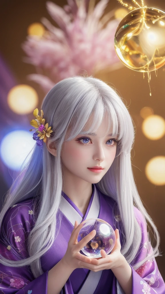 (Masterpiece: 1.3), (8k, photorealistic, raw photo, highest quality: 1.4), (single woman), beautiful face, (realistic face), (long hair), (silver hair, almost white hair, shiny hair, beautiful straight hair), (even bangs), (sharp bangs), straight hairstyle, realistic eyes, beautiful detailed eyes (purple eyes), (sharp eyes), (realistic skin), beautiful skin, (kimono), (magician's kimono), (flower hair ornament), attractive, ultra high resolution, ultra realistic, high definition, golden ratio, colorful background, (flowers blooming), (energy dancing background, flashy background, so many hearts background), magician, looking forward, looking straight ahead, looking forward, eyes meeting, looking straight ahead, looking at you, holding a crystal ball, (heart crystal ball, love crystal ball). Anatomically correct, highest quality, accurate, high resolution, looking forward,