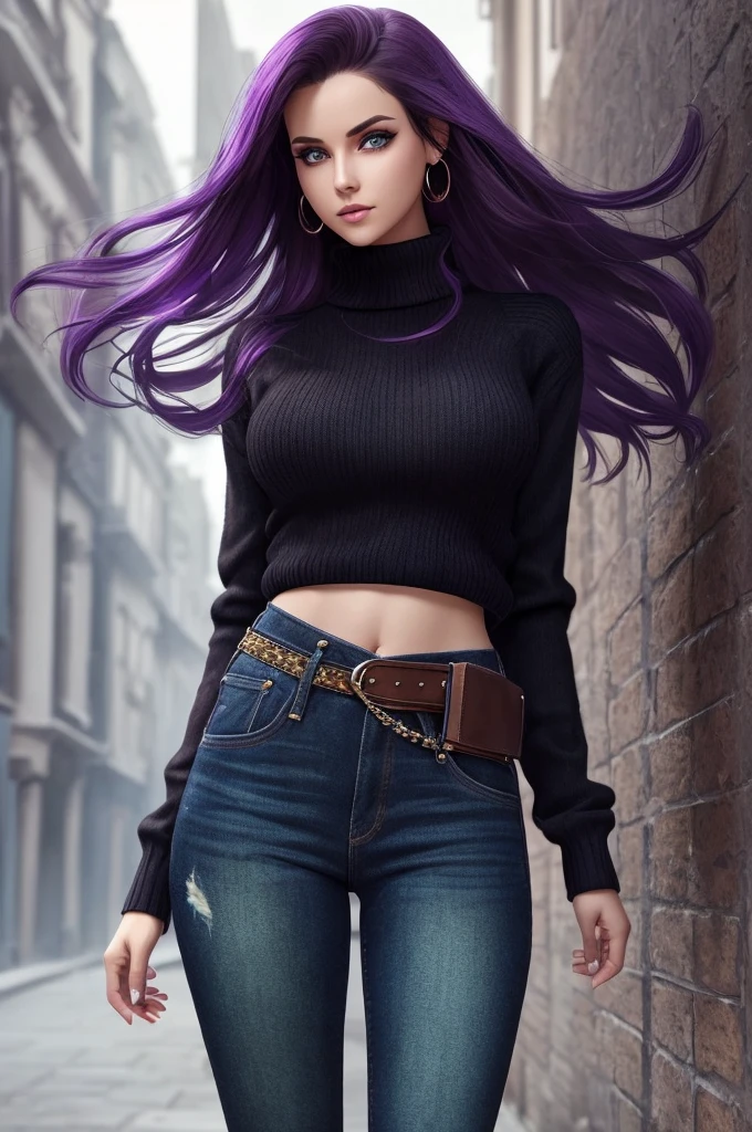 Bright,Passionate,Dangerous,Girl 1,very beautiful,Eyes purple, Hair Dark Green,Clarity Maximum,full-body detail,dressed,sweater,jeans,Bright Dark Tones,masterpiece,top quality,Lighting,Looks Straight into the Soul