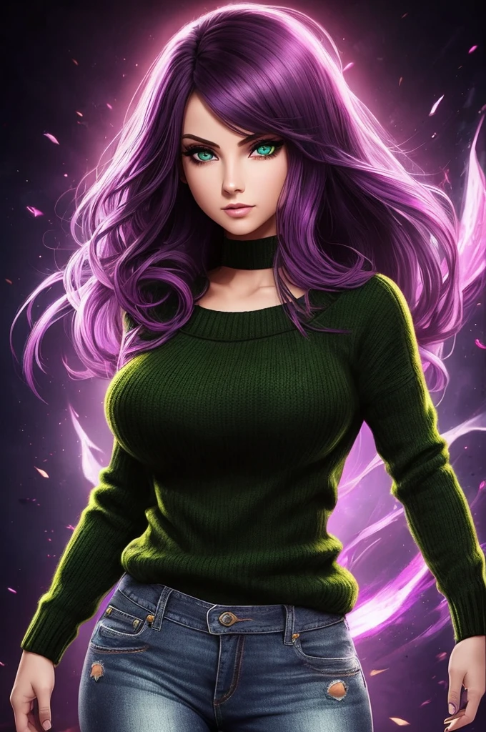 Bright,Passionate,Dangerous,Girl 1,very beautiful,Eyes purple, Hair Dark Green,Clarity Maximum,full-body detail,dressed,sweater,jeans,Bright Dark Tones,masterpiece,top quality,Lighting,Looks Straight into the Soul