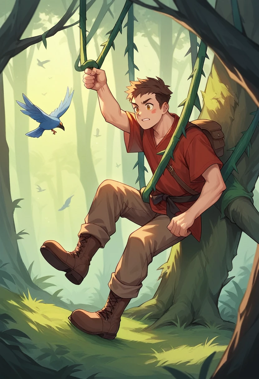 "The young boy, with red cheeks, brown hair, and wearing a red tunic, brown trousers, and boots, is shown navigating through a dangerous terrain in the forest. He is climbing over rocks, avoiding thorns, and interacting with friendly animals like talking birds and squirrels that provide guidance."