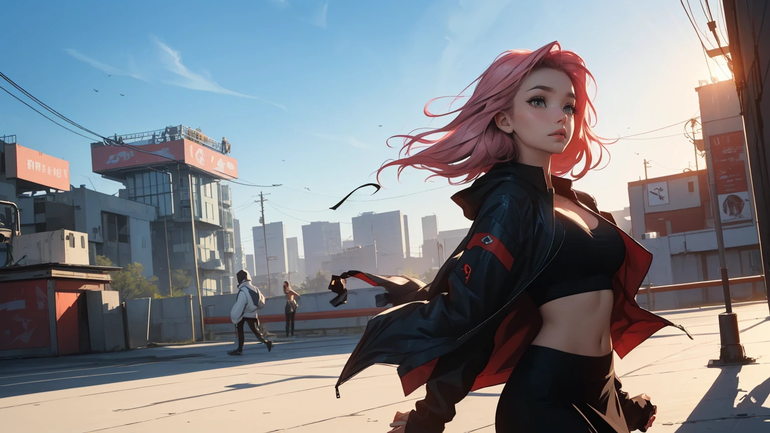 ahri, league of legend, sexy for, wallpapers, eyes detailed, fox_ear, (fox_tails), a skirt, (pink long hair), medium_breasts, looking_at_the_viewer, short_hair, mitts, navel, fail, Blue_there_are_eyes, eternal, Full_body, weapon, shoes, collar, black_Mittens, partition, Hood, hair_exceed_Yuon_There_Where_There is_eyes, circumcised_group, sweatshirt, black_pants, Sports_sweatpants, circumcised_Jacket, Cyberpunk character, cropped_himself、a high resolution、depth of field、natural soft light、professional lighting、about, standing, very длинные hair, cowboy shot, brilliant, brilliant hair, (night:1.2),Dreamy, [[gentle fingers and hands:0.55]::0.85],(detailed fingers),),(emotional),(breathtaking),(main part:1.2) все body.), (Anime Style), (Super Detailed), (brutal), (uhd, HDR), (8k), (High Resolution: 1.2), (Complex and Beautiful: 1.2), [[gentle fingers and hands:0.55]::0.85],(detailed fingers),),(emotional),(breathtaking),(main part:1.2) все body.), (Anime Style), (Super Detailed), (brutal), (uhd, HDR), (8k), (High Resolution: 1.2), (Complex and Beautiful: 1.2)