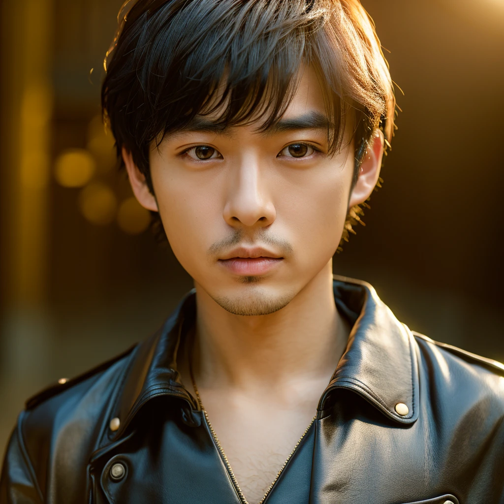 a japanese man with short hair wearing a bluse leather jacket, in london, detailed face, photo realistic, cinematic lighting, 8k, highly detailed, studio lighting, sharp focus, volumetric lighting, dramatic shadows, warm colors, vibrant colors, golden hour lighting, Tokyo 