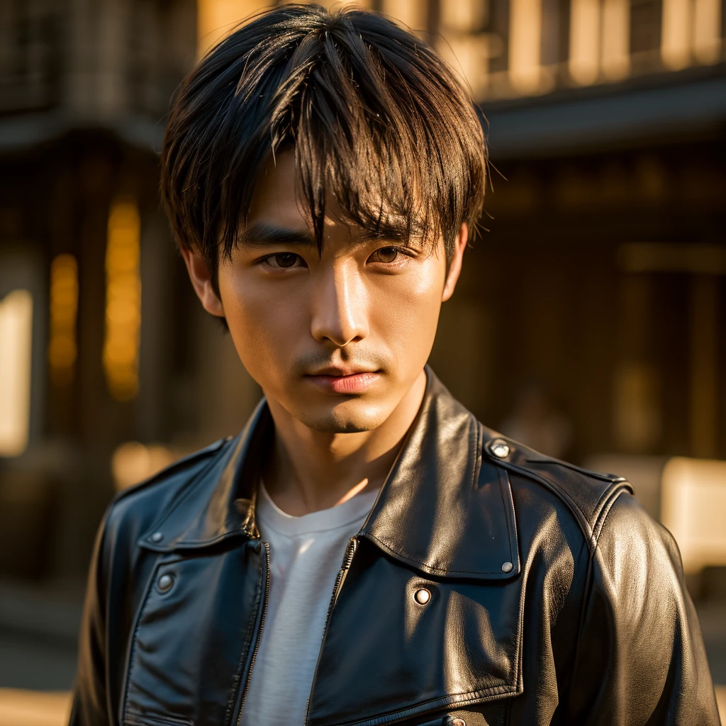 a japanese man with short hair wearing a bluse leather jacket, in london, detailed face, photo realistic, cinematic lighting, 8k, highly detailed, studio lighting, sharp focus, volumetric lighting, dramatic shadows, warm colors, vibrant colors, golden hour lighting, Tokyo