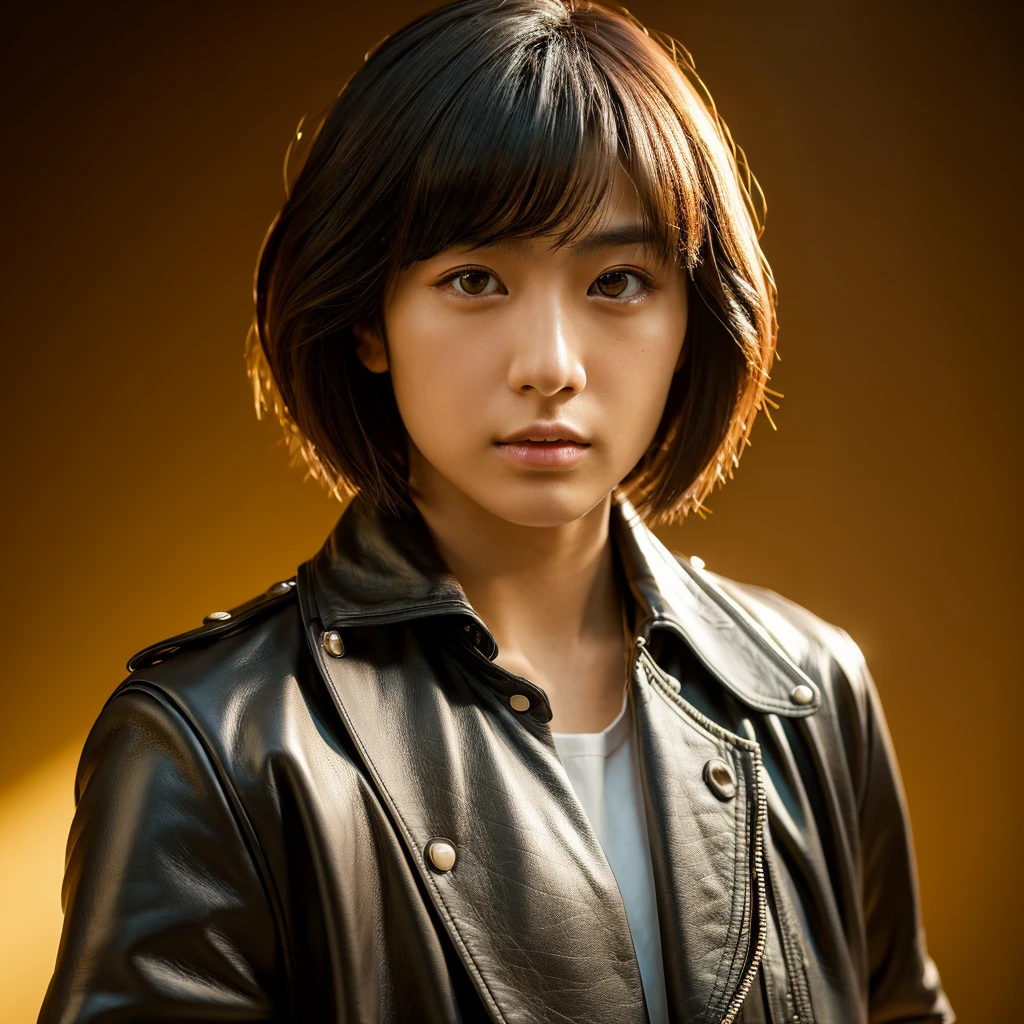 a japanese man with short hair wearing a bluse leather jacket, in london, detailed face, photo realistic, cinematic lighting, 8k, highly detailed, studio lighting, sharp focus, volumetric lighting, dramatic shadows, warm colors, vibrant colors, golden hour lighting, Tokyo 