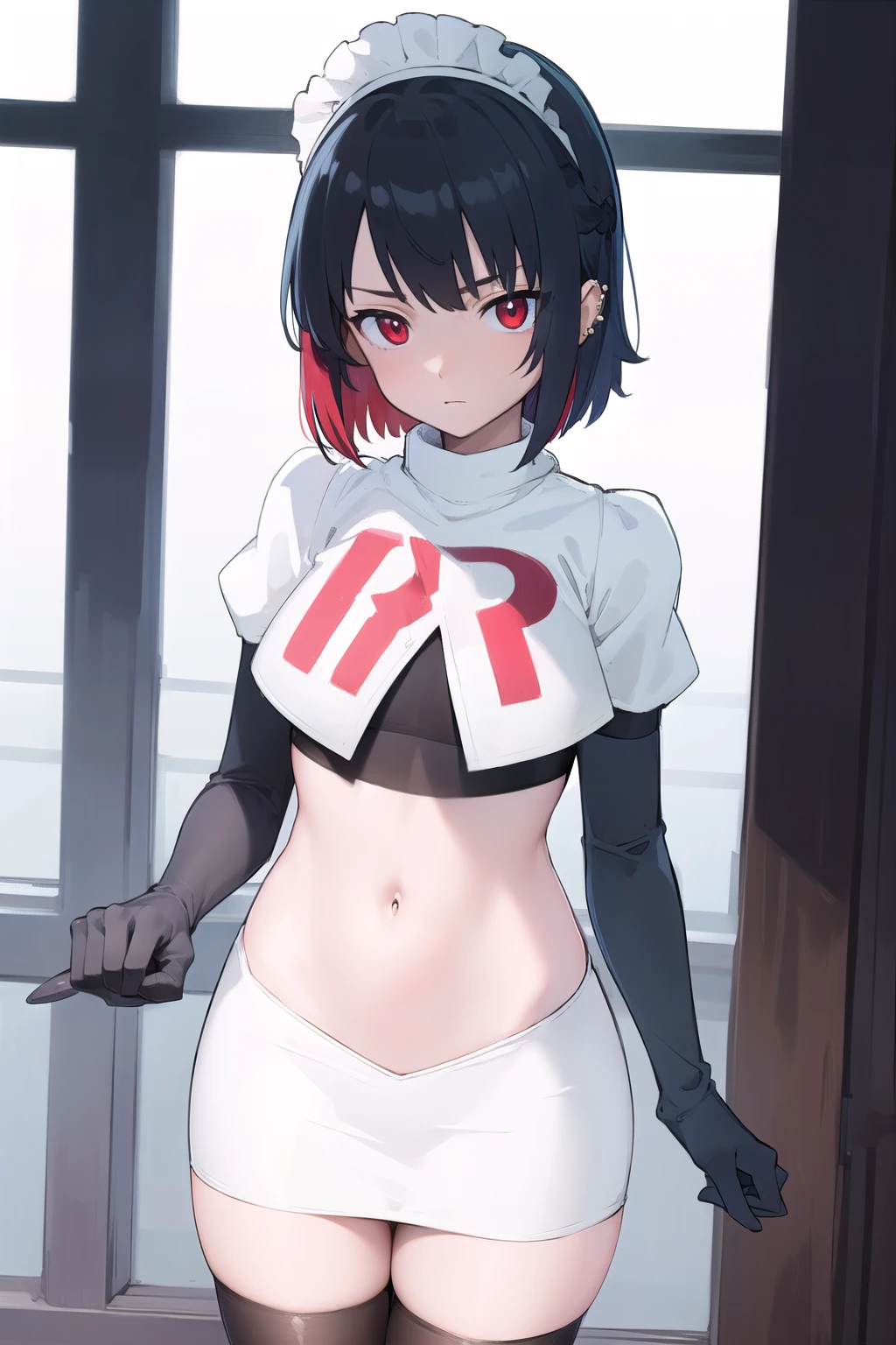 ellenjoe, ellen joe, black hair, colored inner hair, multicolored hair, (red eyes:1.3), red hair, short hair, two-tone hair,
BREAK ear piercing, fins, fish tail, maid headdress, piercing, shark girl, shark tail, tail, two-tone hair, team rocket,team rocket uniform,white skirt,red letter R,crop top,black thigh-highs,black elbow gloves,
BREAK looking at viewer, (cowboy shot:1.5),
BREAK (masterpiece:1.2), best quality, high resolution, unity 8k wallpaper, (illustration:0.8), (beautiful detailed eyes:1.6), extremely detailed face, perfect lighting, extremely detailed CG, (perfect hands, perfect anatomy),