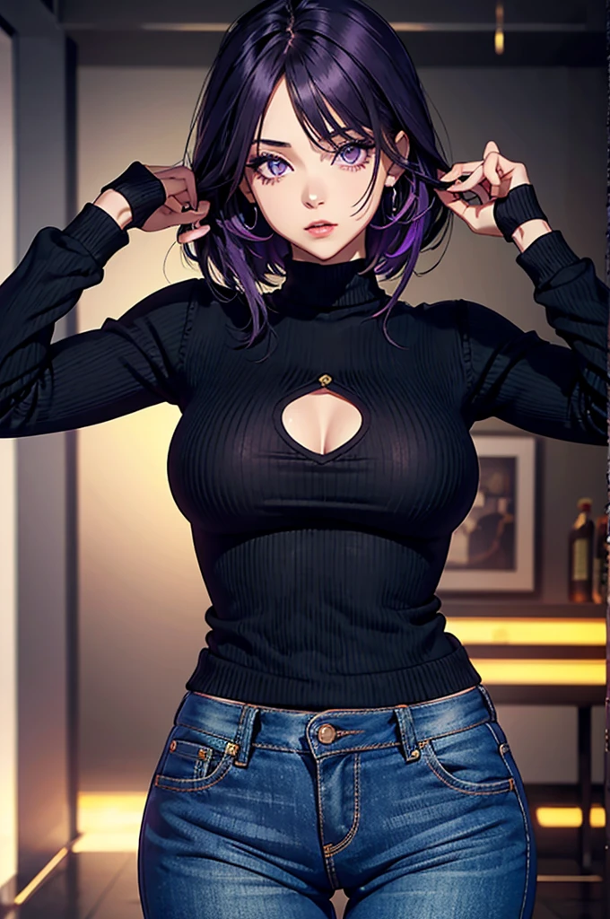 Bright,Passionate,Dangerous,Girl 1,very beautiful,Eyes purple, Hair Dark Green,Clarity Maximum,full-body detail,dressed,sweater,jeans,Bright Dark Tones,masterpiece,top quality,Lighting,Looks Straight into the Soul