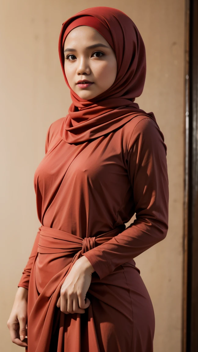 A woman with ((red hijab)), Realistic, Photorealistic, 8K, Masterpiece, Best Quality, High Definition, Live Action, RAW Photo, Single Woman,Sexy, red baju kurung, ((no hair exposed)), from head to hip, both hands on hip