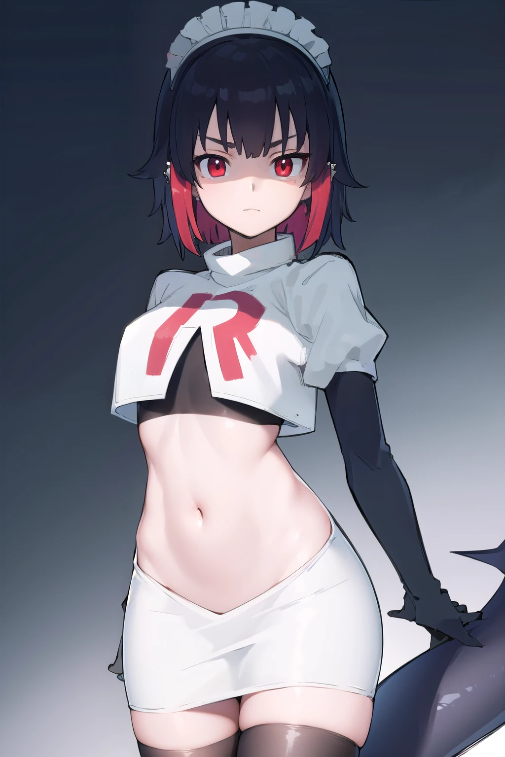 ellenjoe, ellen joe, black hair, colored inner hair, multicolored hair, (red eyes:1.3), red hair, short hair, two-tone hair,
BREAK ear piercing, fins, fish tail, maid headdress, piercing, shark girl, shark tail, tail, two-tone hair, team rocket,team rocket uniform,white skirt,red letter R,crop top,black thigh-highs,black elbow gloves,
BREAK looking at viewer, (cowboy shot:1.5),
BREAK (masterpiece:1.2), best quality, high resolution, unity 8k wallpaper, (illustration:0.8), (beautiful detailed eyes:1.6), extremely detailed face, perfect lighting, extremely detailed CG, (perfect hands, perfect anatomy),