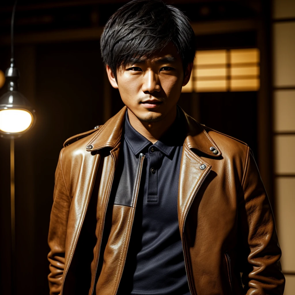 a japanese man with short hair wearing a bluse leather jacket, in london, detailed face, photo realistic, cinematic lighting, 8k, highly detailed, studio lighting, sharp focus, volumetric lighting, dramatic shadows, warm colors, vibrant colors, golden hour lighting, Tokyo