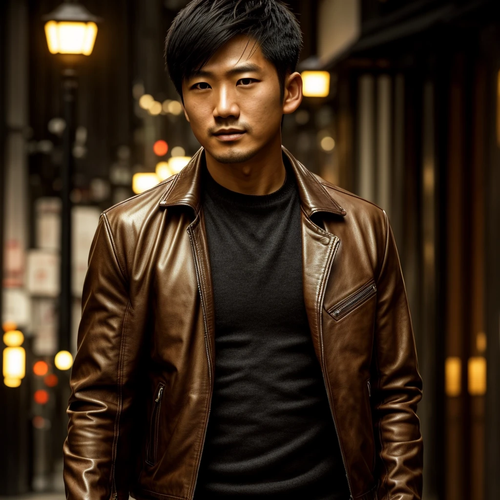 a japanese man with short hair wearing a bluse leather jacket, in london, detailed face, photo realistic, cinematic lighting, 8k, highly detailed, studio lighting, sharp focus, volumetric lighting, dramatic shadows, warm colors, vibrant colors, golden hour lighting, Tokyo 