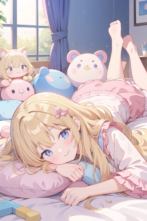 lie faced down,Long wavy blonde hair、About 、pretty girl、On the bed、Prone、Surrounded by a lot of stuffed animals、Cute clothes with lots of frills、smile