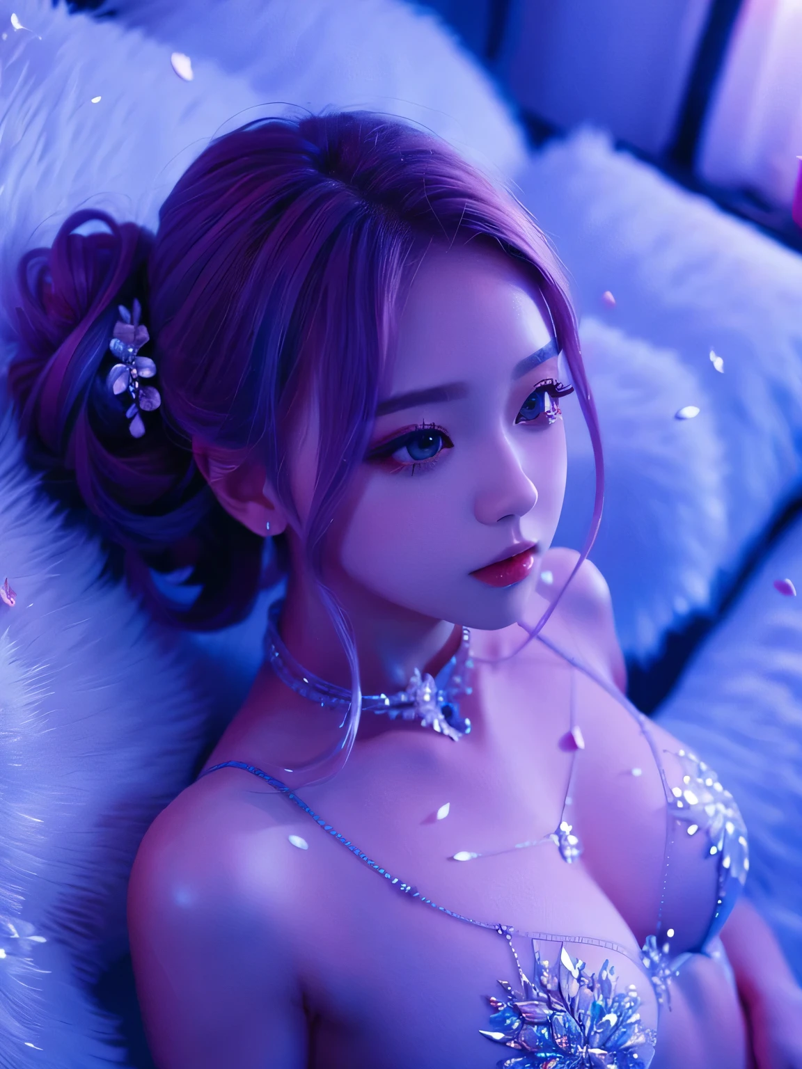 (masterpiece, best quality:1.2), diamond_bra,1girl,ourdoor,,Lilac hair,half updo/updo,snow land,surrounding by flowers,falling_petals, petals,,from above