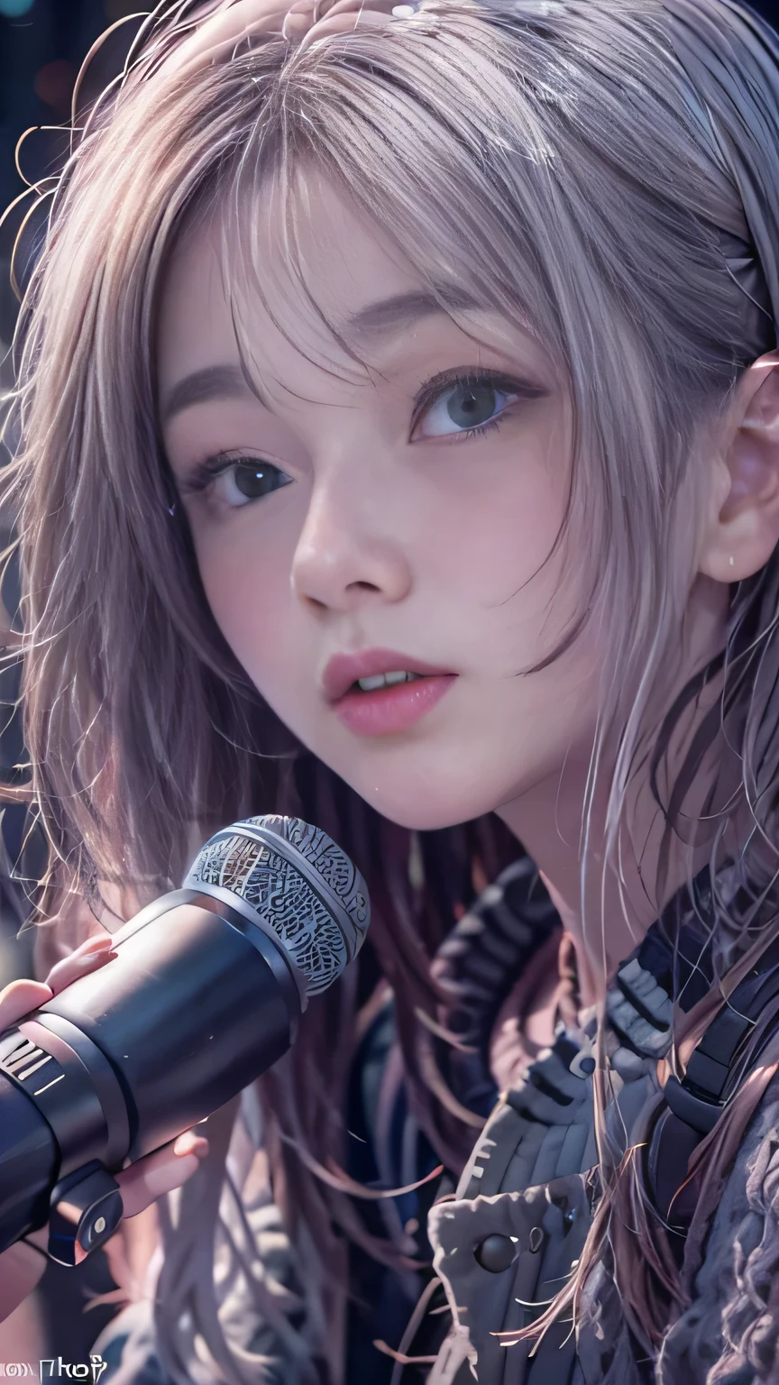 A fragile singer-songwriter singing in the city at night,Tsurime,Detailed face,Cool color makeup,People who cry when they hear the song,The audience stopped to listen, Smooth Hair,Fine hair,Very fine hair,A fragile girl,