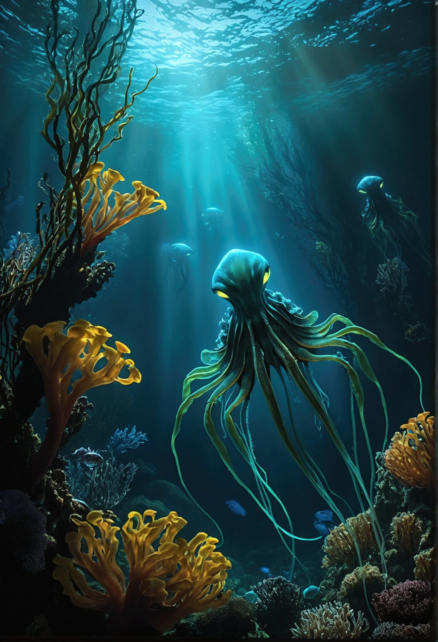 A hyper-realistic underwater scene of a bioluminescent alien world. Strange, glowing creatures drift through kelp-like forests casting an ethereal light. Capture the breathtaking detail and otherworldly beauty of James Cameron's visuals, --ar 16:9 --s 1000