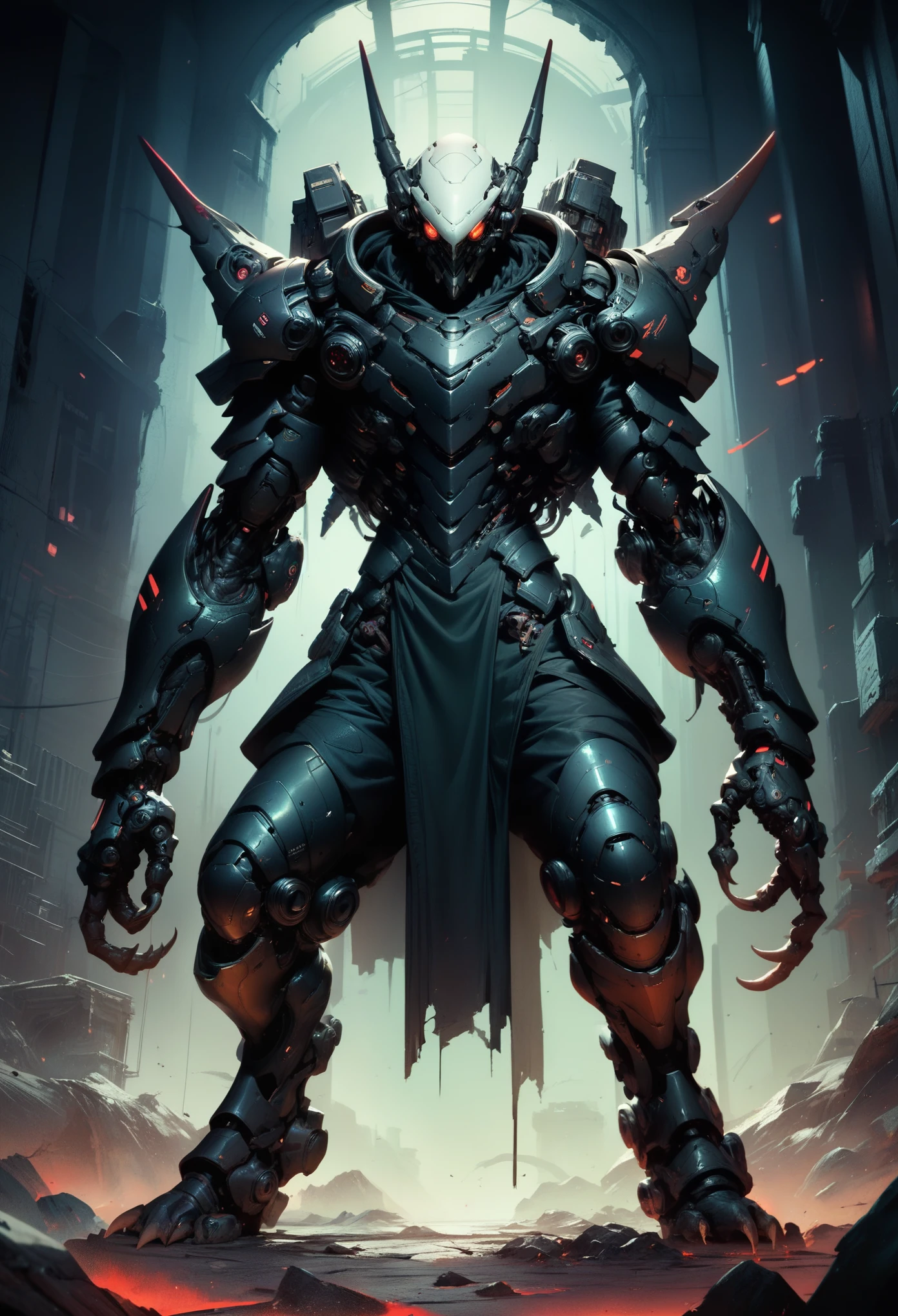 1 boy, alone, facing forward, looking at the viewer, low angle, detailed background well integrated into the image, black armor, insect-like organic armor, terrifying white eyes, full body, grotesque biological armor, hairless white head, cyberpunk, arm with futuristic plasma weapon integrated into the arm, terror, arm with three giant claws, all black armor, background of ruins, full black armor, black mask covers his mouth, threatening standing pose, heavy armor, dark aura, mechanical arm, front view