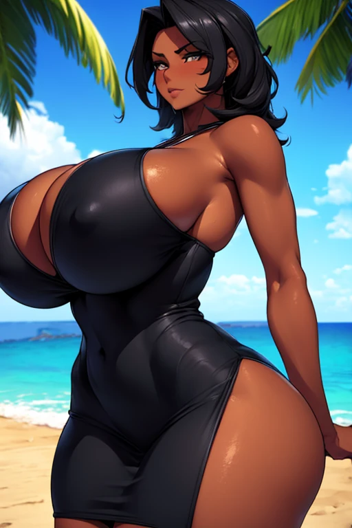 Super-detailed, 8k HD, 3d art style, Ingrid, 1 girl, solo, mature, dark skin, beautiful and detailed face, detailed hand, long black hair, slender hips, thick thighs, huge and droopy breast, huge round ass, shy, black 1 piece dress, walking at the beach