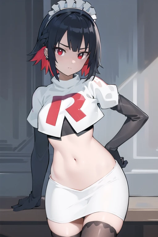 ellenjoe, ellen joe, black hair, colored inner hair, multicolored hair, (red eyes:1.3), red hair, short hair, two-tone hair,
BREAK ear piercing, fins, fish tail, maid headdress, piercing, shark girl, shark tail, tail, two-tone hair, team rocket,team rocket uniform,white skirt,red letter R,crop top,black thigh-highs,black elbow gloves,
BREAK looking at viewer, (cowboy shot:1.5),
BREAK (masterpiece:1.2), best quality, high resolution, unity 8k wallpaper, (illustration:0.8), (beautiful detailed eyes:1.6), extremely detailed face, perfect lighting, extremely detailed CG, (perfect hands, perfect anatomy),