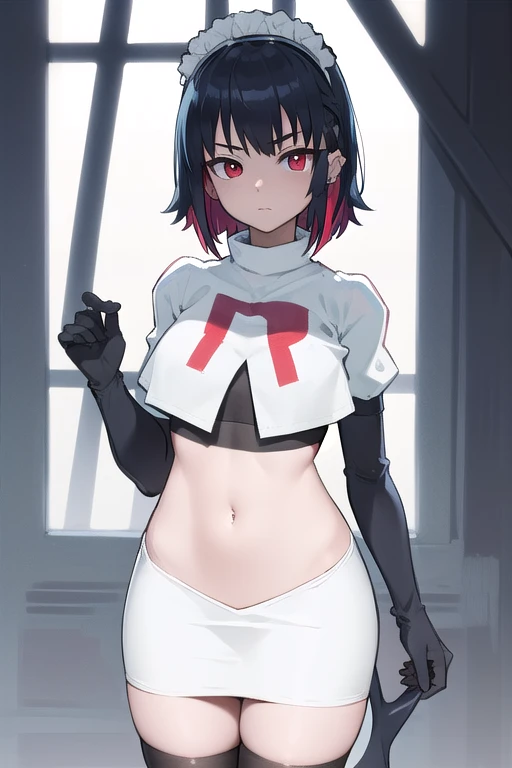 ellenjoe, ellen joe, black hair, colored inner hair, multicolored hair, (red eyes:1.3), red hair, short hair, two-tone hair,
BREAK ear piercing, fins, fish tail, maid headdress, piercing, shark girl, shark tail, tail, two-tone hair, team rocket,team rocket uniform,white skirt,red letter R,crop top,black thigh-highs,black elbow gloves,
BREAK looking at viewer, (cowboy shot:1.5),
BREAK (masterpiece:1.2), best quality, high resolution, unity 8k wallpaper, (illustration:0.8), (beautiful detailed eyes:1.6), extremely detailed face, perfect lighting, extremely detailed CG, (perfect hands, perfect ???????),