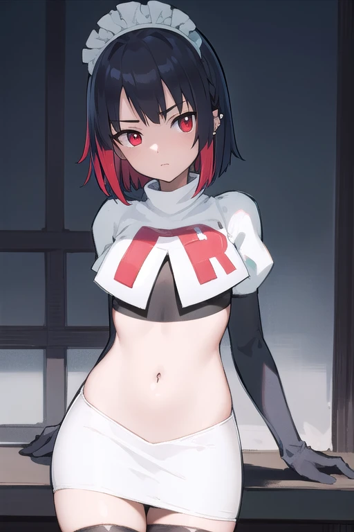 ellenjoe, ellen joe, black hair, colored inner hair, multicolored hair, (red eyes:1.3), red hair, short hair, two-tone hair,
BREAK ear piercing, fins, fish tail, maid headdress, piercing, shark girl, shark tail, tail, two-tone hair, team rocket,team rocket uniform,white skirt,red letter R,crop top,black thigh-highs,black elbow gloves,
BREAK looking at viewer, (cowboy shot:1.5),
BREAK (masterpiece:1.2), best quality, high resolution, unity 8k wallpaper, (illustration:0.8), (beautiful detailed eyes:1.6), extremely detailed face, perfect lighting, extremely detailed CG, (perfect hands, perfect anatomy),