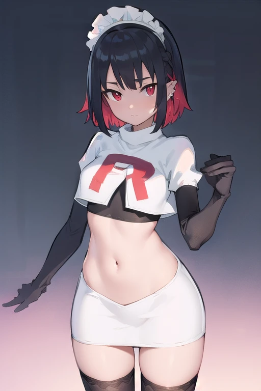 ellenjoe, ellen joe, black hair, colored inner hair, multicolored hair, (red eyes:1.3), red hair, short hair, two-tone hair,
BREAK ear piercing, fins, fish tail, maid headdress, piercing, shark girl, shark tail, tail, two-tone hair, team rocket,team rocket uniform,white skirt,red letter R,crop top,black thigh-highs,black elbow gloves,
BREAK looking at viewer, (cowboy shot:1.5),
BREAK (masterpiece:1.2), best quality, high resolution, unity 8k wallpaper, (illustration:0.8), (beautiful detailed eyes:1.6), extremely detailed face, perfect lighting, extremely detailed CG, (perfect hands, perfect anatomy),