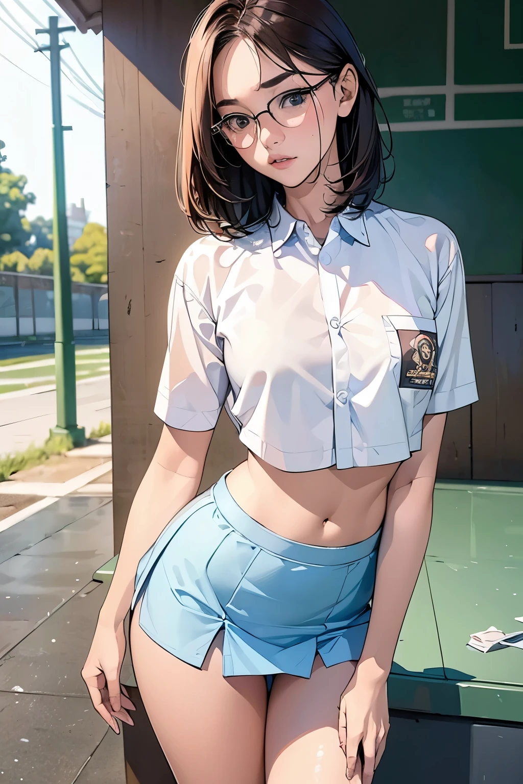 18 years old girl, (((at park))), (transparent white shirt), (mini skirt:1.6), (pastel blue skirt), RAW photo, (photorealistic:1.37, realistic), highly detailed CG unified 8K wallpapers, 1girl, ((slender body:1)), (small breasts:1.3), looking at viewer, ((straight from front)), (HQ skin:1.2), (clean skin:1.2), 8k uhd, dslr, soft lighting, high quality, film grain, Fujifilm XT3, (full body:0.8) , tokyolagii , (bold glasses), full body in, perfect body, two legs, long legs, naval, (wide waist:1.2), (big tigh:1.3), crop top, oversized, (cleavage:0.7), sad, blushing