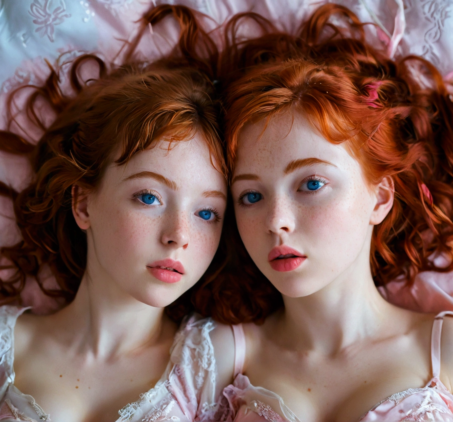 (a portrait of two-headed Sophia-lillis), best qualityer)), beautifully detailed blue eyes, 1 girl, 小柄, mic, 小柄 red hair, 小柄 blonde hair, (wearing pink panties), ((adult  woman, 25 years old)). Covered in freckles, seducer, (two headed, joined_dicephalous, Breasts huge)), breasts pressed together, breasts bare, ((cheeks rubbing together)), (kissing:1.4), Perfect cleavage, eyes closing, excitado, ((aggressively rubbing the groin)), smooth breasts, (((lying on her back on the bed, from above view))), (hand on chest, hand on groin), (moaning in ecstasy), (excitado:1.4), legs spread open, ((full, plump lips)), Fall sleep, heads looking into each other&#39;s eyes, (heads turned inward), ((yawning, Fall sleep, yelling)), orgasming, (perfect shaped breasts, perfect nipples) lighting sun, ((overflowing breasts:1.3)), ((pleasuring yourself:1.3))