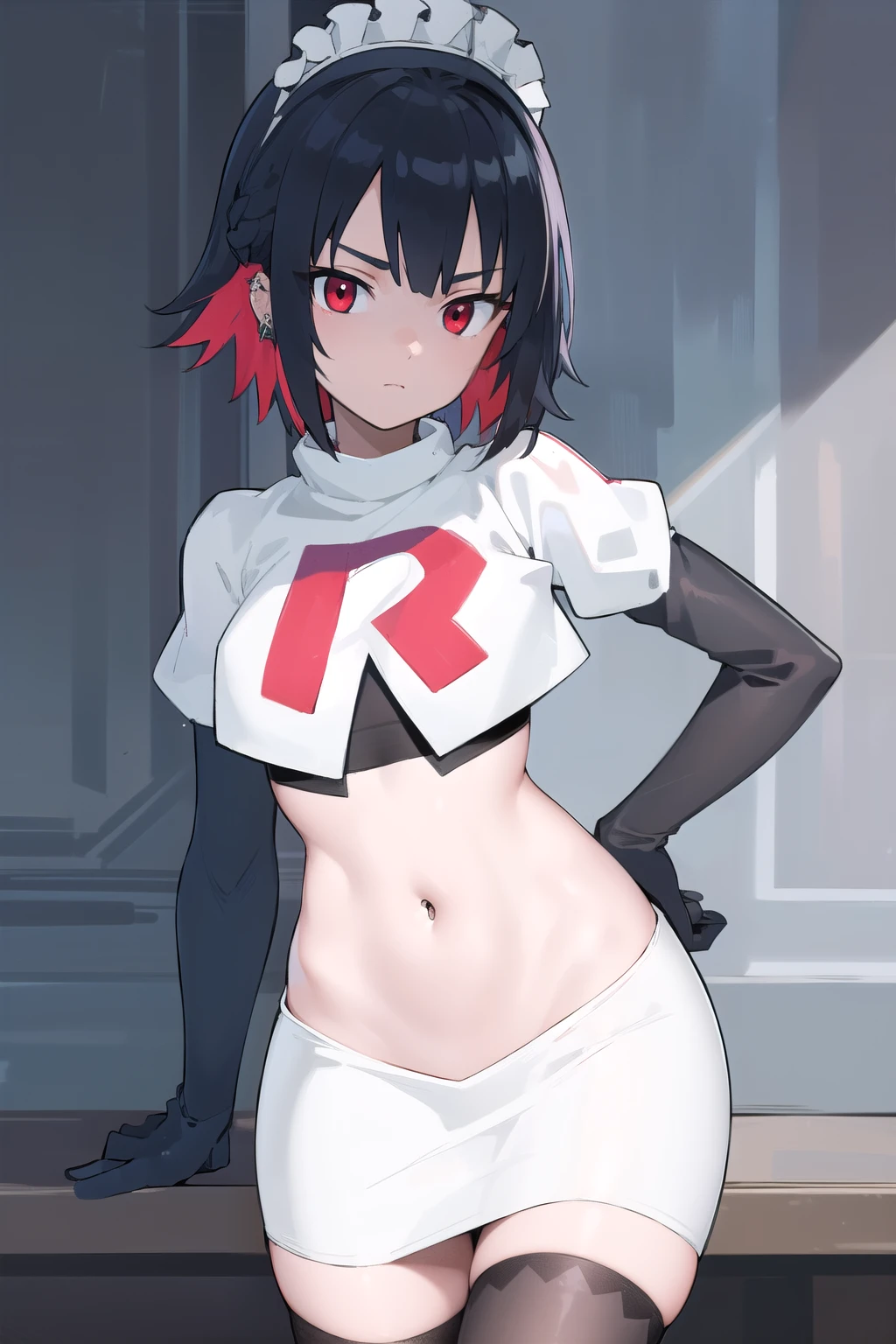 ellenjoe, ellen joe, black hair, colored inner hair, multicolored hair, (red eyes:1.3), red hair, short hair, two-tone hair,
BREAK ear piercing, fins, fish tail, maid headdress, piercing, shark girl, shark tail, tail, two-tone hair, team rocket,team rocket uniform,white skirt,red letter R,crop top,black thigh-highs,black elbow gloves,
BREAK looking at viewer, (cowboy shot:1.5),
BREAK (masterpiece:1.2), best quality, high resolution, unity 8k wallpaper, (illustration:0.8), (beautiful detailed eyes:1.6), extremely detailed face, perfect lighting, extremely detailed CG, (perfect hands, perfect anatomy),