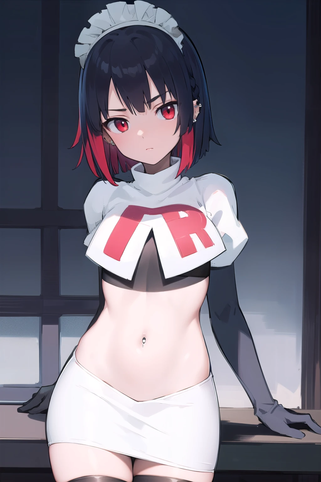 ellenjoe, ellen joe, black hair, colored inner hair, multicolored hair, (red eyes:1.3), red hair, short hair, two-tone hair,
BREAK ear piercing, fins, fish tail, maid headdress, piercing, shark girl, shark tail, tail, two-tone hair, team rocket,team rocket uniform,white skirt,red letter R,crop top,black thigh-highs,black elbow gloves,
BREAK looking at viewer, (cowboy shot:1.5),
BREAK (masterpiece:1.2), best quality, high resolution, unity 8k wallpaper, (illustration:0.8), (beautiful detailed eyes:1.6), extremely detailed face, perfect lighting, extremely detailed CG, (perfect hands, perfect anatomy),