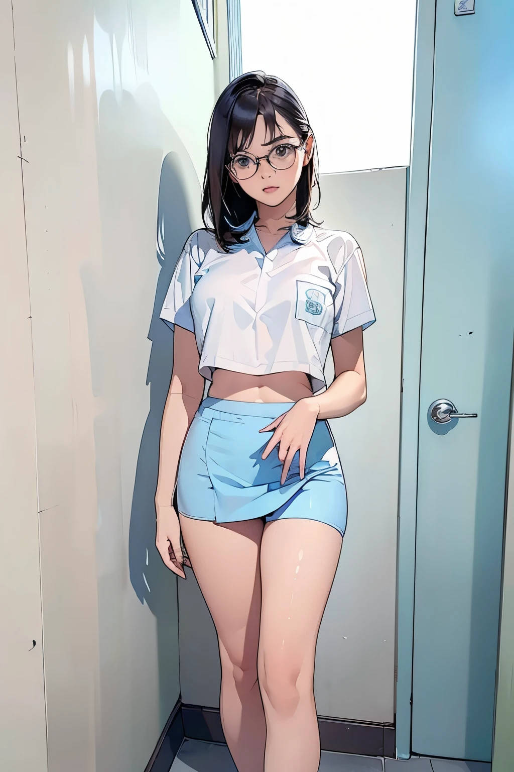 18 years old girl, (((at park))), (transparent white shirt), (mini skirt:1.6), (pastel blue skirt), RAW photo, (photorealistic:1.37, realistic), highly detailed CG unified 8K wallpapers, 1girl, ((slender body:1)), (small breasts:1.3), looking at viewer, ((straight from front)), (HQ skin:1.2), (clean skin:1.2), 8k uhd, dslr, soft lighting, high quality, film grain, Fujifilm XT3, (full body:0.8) , tokyolagii , (bold glasses), full body in, perfect body, two legs, long legs, naval, (wide waist:1.2), (big tigh:1.3), crop top, oversized, (cleavage:0.7), sad, blushing