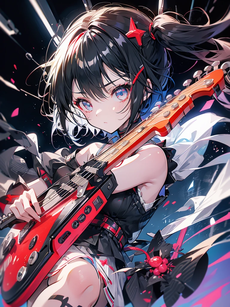 Music, guitar, rock, girl, subculture, twin tails, short black hair with red mesh, facing the microphone