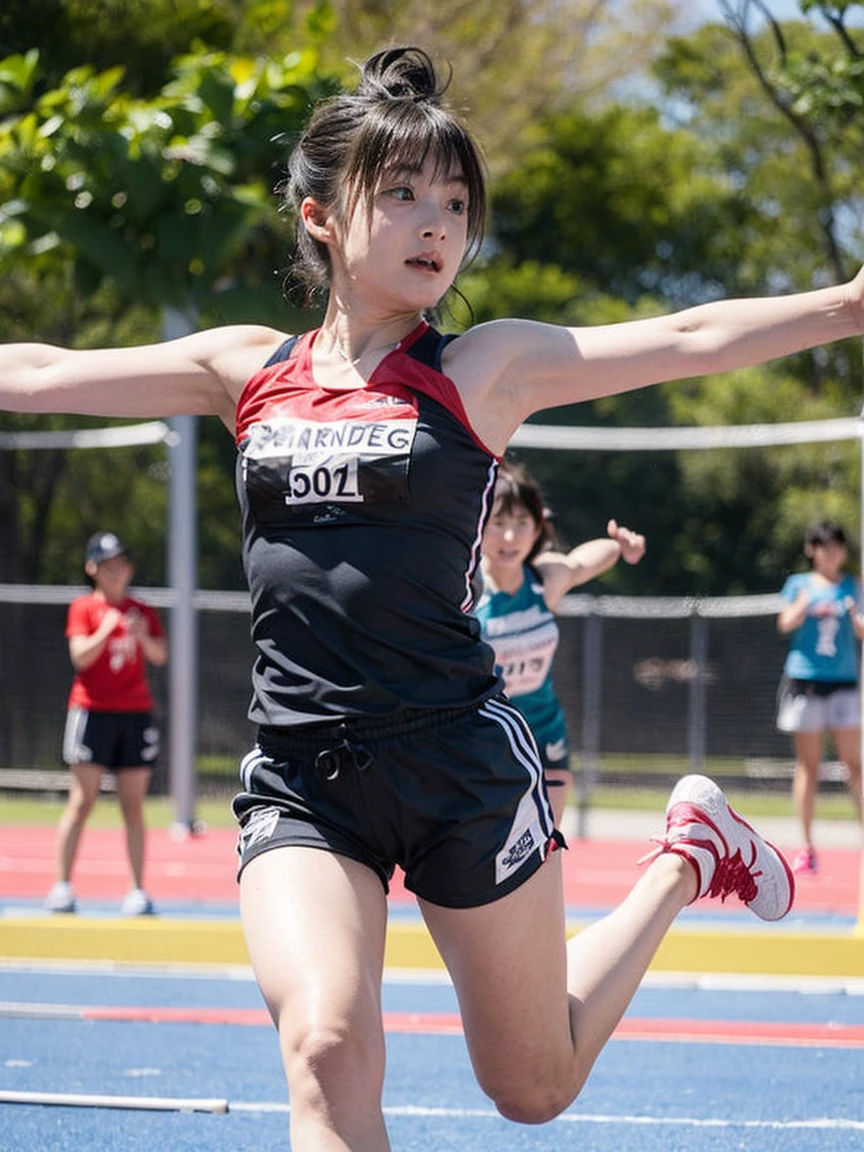 award winning,One girl、solo, (Track and field athlete), Long Jump, jump, Sports, ((Motion Blur)), shoes、Shorts、sneakers、青いShorts、Jump、Sportsウェア, depth of field,