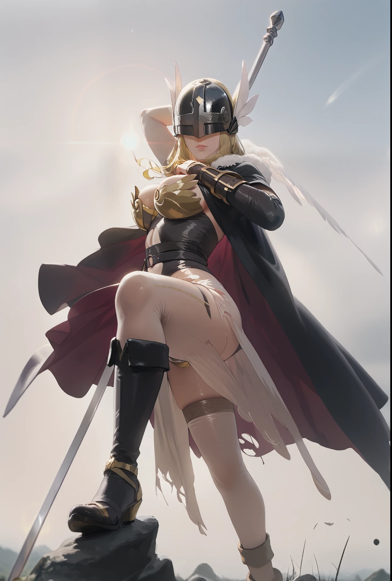 (hews art style:0.7), score_9, score_8_up, score_7_up, score_6_up, uncensored, digimon_\(creature\), angewomon, blonde hair, angel_wings, feathered_wings, winged_helmet, helmet, BREAK (masterpiece:1.2), best quality, high resolution, perfect lighting, (perfect hands, perfect anatomy), large breasts, 1girl, sword, weapon, solo, thighhighs, armor, holding, gauntlets, cape, armored dress, black thighhighs, looking at viewer, fur trim, holding weapon, holding sword, black dress, breasts, dress, fur-trimmed cape, black cape, flag, bokeh, rock, cloudy sky, lens flare, bokeh, torn clothes, glance, dusty, wind motion,