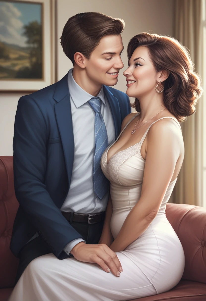 1boy, 1girl, mature female is smiling, mother and son, , looking at each other, caring, on a sofa, boy's age: 21, mom's age: 39, intricate details, realistic, highly detailed, cinematic lighting, warm tones, photorealistic, oil painting, masterpiece, professional artwork