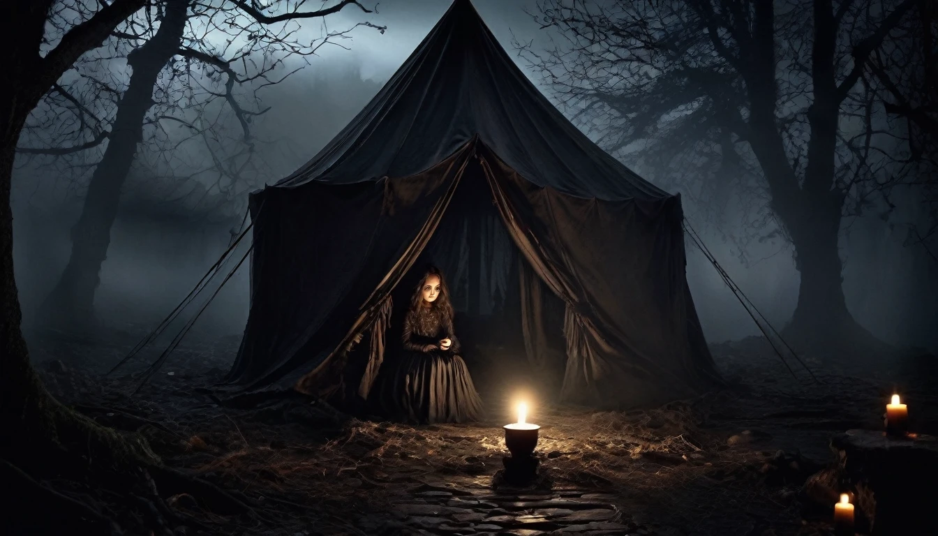 A dark, shadowy tent flickers with eerie candlelight, casting unsettling shadows on a trembling young girl, her wide eyes filled with terror. Gost a death om wall , A wispy, ominous figure looms nearby, whispering a haunting prophecy, as swirling fog wraps around them, enhancing the chilling atmosphere.