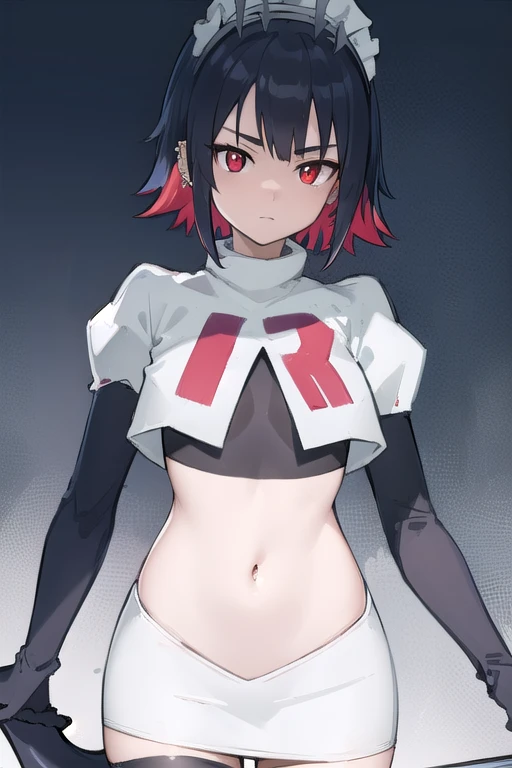 ellenjoe, ellen joe, black hair, colored inner hair, multicolored hair, (red eyes:1.3), red hair, short hair, two-tone hair,
BREAK ear piercing, fins, fish tail, maid headdress, piercing, shark girl, shark tail, tail, two-tone hair, team rocket,team rocket uniform,white skirt,red letter R,crop top,black thigh-highs,black elbow gloves,
BREAK looking at viewer, (cowboy shot:1.5),
BREAK (masterpiece:1.2), best quality, high resolution, unity 8k wallpaper, (illustration:0.8), (beautiful detailed eyes:1.6), extremely detailed face, perfect lighting, extremely detailed CG, (perfect hands, perfect ),