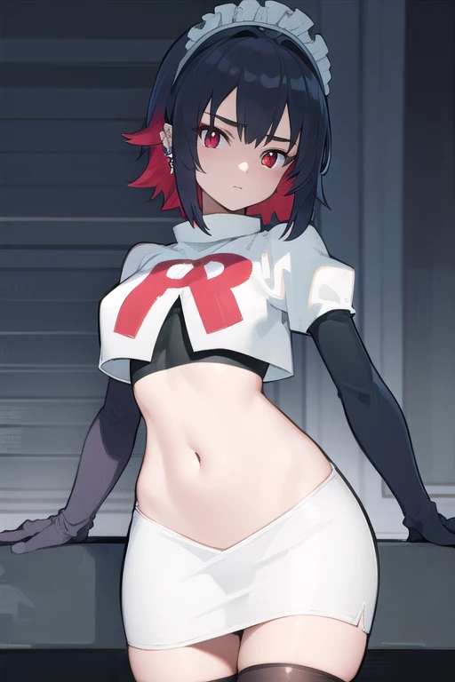 ellenjoe, ellen joe, black hair, colored inner hair, multicolored hair, (red eyes:1.3), red hair, short hair, two-tone hair,
BREAK ear piercing, fins, fish tail, maid headdress, piercing, shark girl, shark tail, tail, two-tone hair, team rocket,team rocket uniform,white skirt,red letter R,crop top,black thigh-highs,black elbow gloves,
BREAK looking at viewer, (cowboy shot:1.5),
BREAK (masterpiece:1.2), best quality, high resolution, unity 8k wallpaper, (illustration:0.8), (beautiful detailed eyes:1.6), extremely detailed face, perfect lighting, extremely detailed CG, (perfect hands, perfect anatomy),
