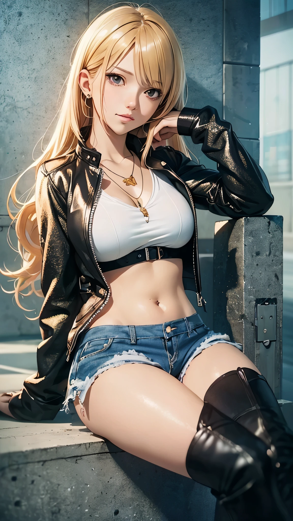 (Best Quality,4K,8K,hight resolution,masutepiece:1.2), Ultra-detailed, (Realistic,photoRealistic,photo-Realistic:1.37), smirk , Unhappy,((Golden hair)), ((Medium Long Hair)),piercings,leather jackets,White crop top, Damaged denim shorts,a necklace,right hand up,Sitting,Lace-up long boots,Beautiful detailed eyes, Beautiful detailed lips, extremely detailed eye and face, long eyelashes, Realistic anime 3D style, Smooth Anime CG Art, Digital rendering by Makoto Shinkai, Moe Anime Art Style, photoRealistic rendering of an anime girl, Shinkai Makoto style, Cute anime girl visuals, Realistic young anime girl, girl fan art, Created by Anime Artist'studio of.